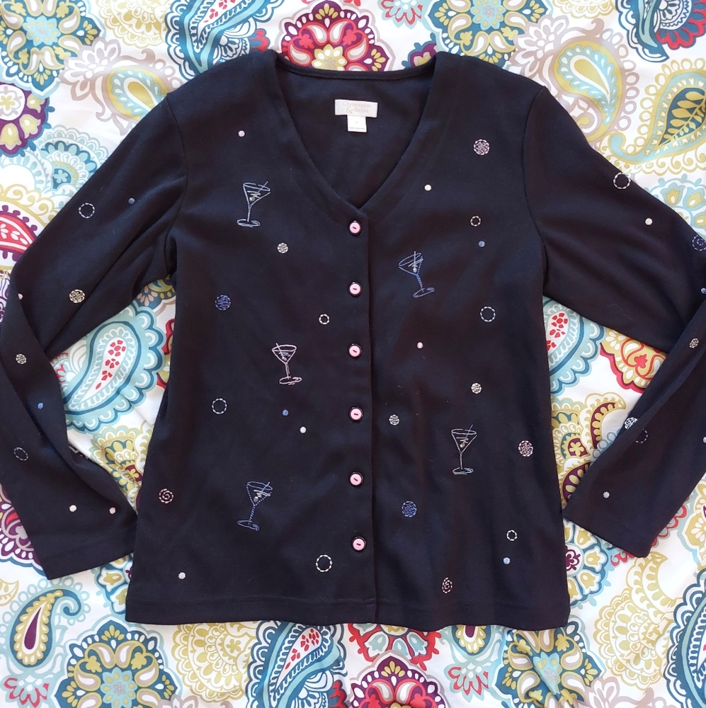 Black martini print cardigan sweater